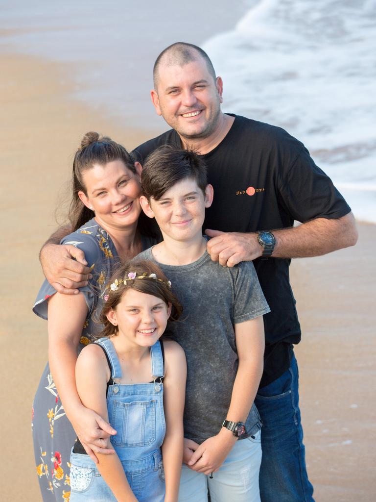 Sol Fagan with his soulmate Hayley Schoon (left) and their two kids Sojah, 12 and Sophia, 10. Mr Fagan died in 2018 on a worksite at James Cook University's library.