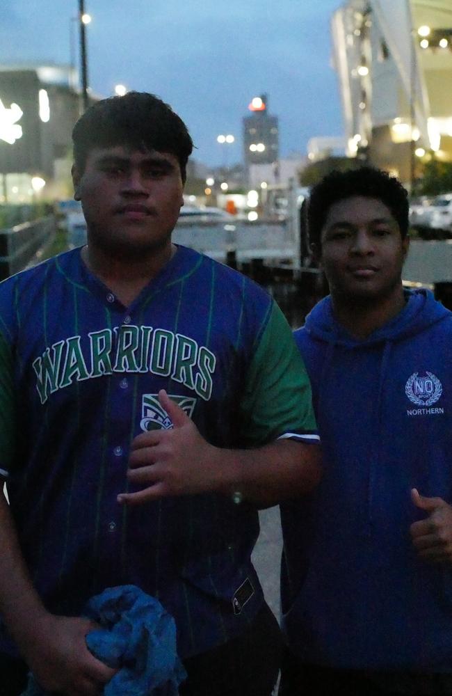 Toma Apete, 16, and Hans Ila, 15 head into Queensland Country Bank Stadium for the NRL All Stars on Friday night. Picture: Blair Jackson