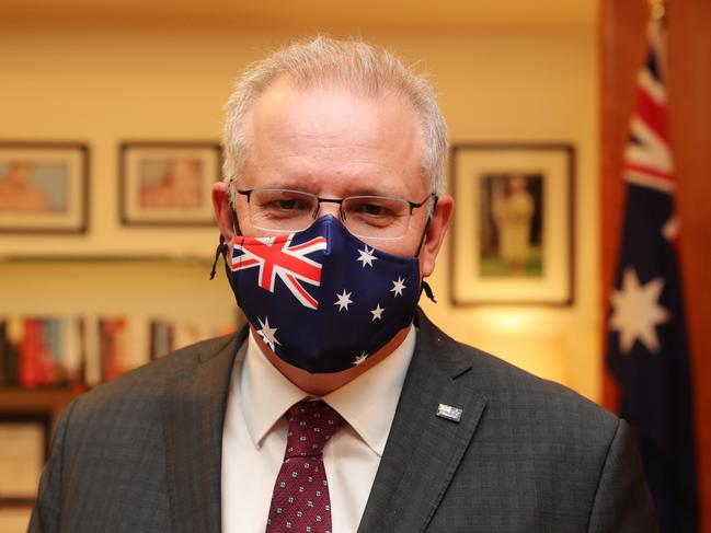 Prime Minister Scott Morrison in an  Aussie flag mask. Picture Adam Taylor PMO/ via  NCA NewsWire