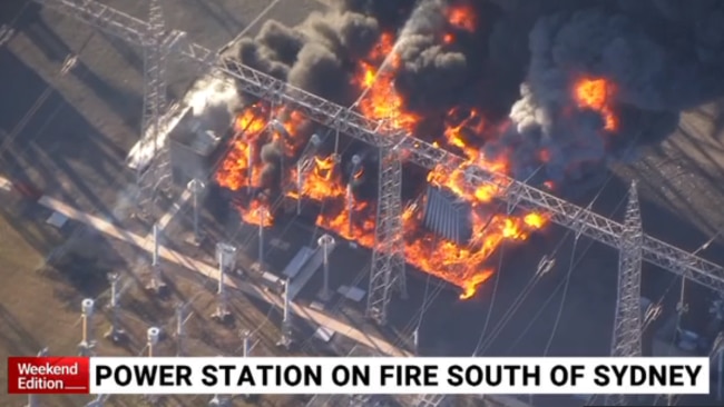 Authorities are expecting a massive fire at an electrical substation south of Sydney to burn for days after a transformer at the facility caught alight. Picture: Suppied.
