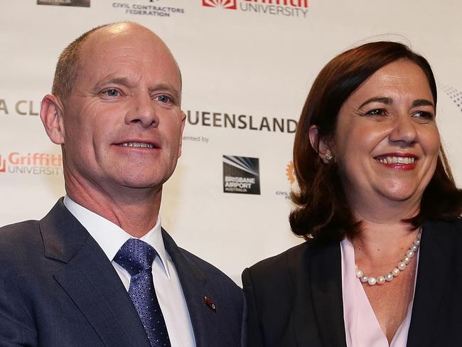 State Election 2015. Annastacia Palaszczuk and Campbell Newman on stage during the debate at the convention centre, South Bank where protestors greet their arrival. pics Adam Head