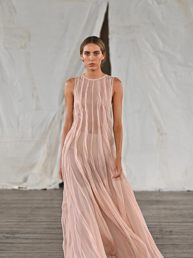 Sheer! A model walks the runway during the Lee Mathews show at Australian Fashion Week 2025 at Carriageworks on May 13, 2025 in Sydney, Australia. (Photo by James Gourley/Getty Images)