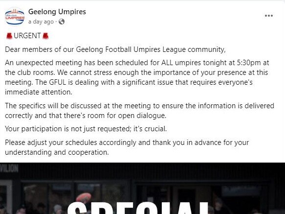 A Facebook post from the Geelong Football Umpires League regarding their urgent meeting.