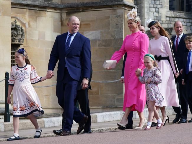 Zara Tindall and her husband Mike Tindall walk with their children Mia and Lena, ahead of Princess Beatrice of York and her husband Edoardo Mapelli Mozzi, and Prince William, Prince of Wales and Prince George. Picture: Yui Mok/AFP