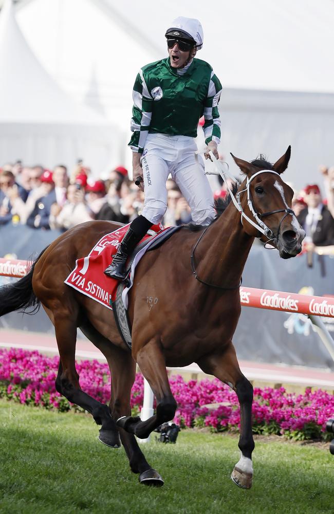 Via Sistina ridden by James McDonald wins the 2024 Cox Plate. Pictures: Michael Klein