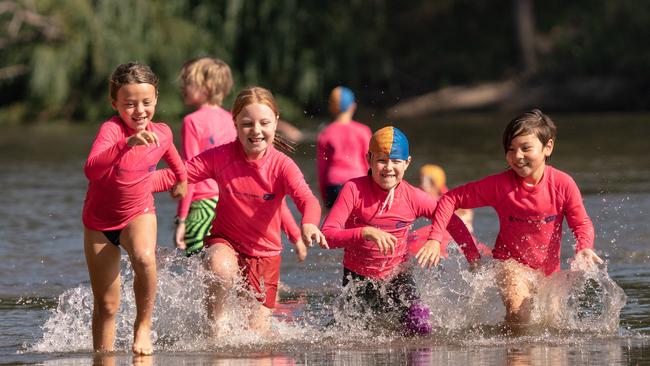 India Dutfield, Poppy Graham, Soonhee Anderson and Sophie Jolliffe on the Murrumbidgee River. Picture: Simon Dallinger