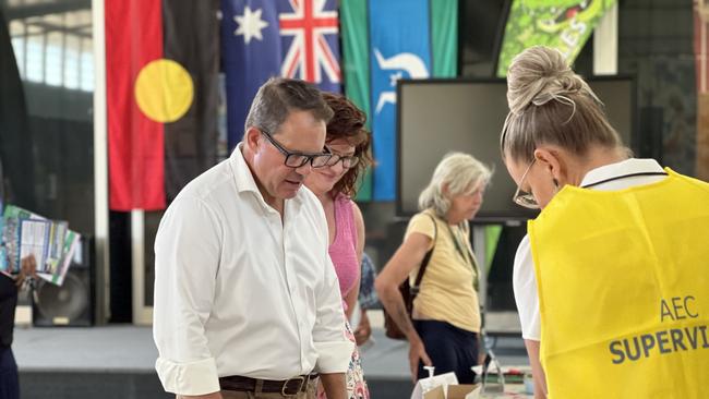 Solomon MP Luke Gosling and wife Kate vote at Parap Primary School on May 3, 2025. Picture: Fia Walsh