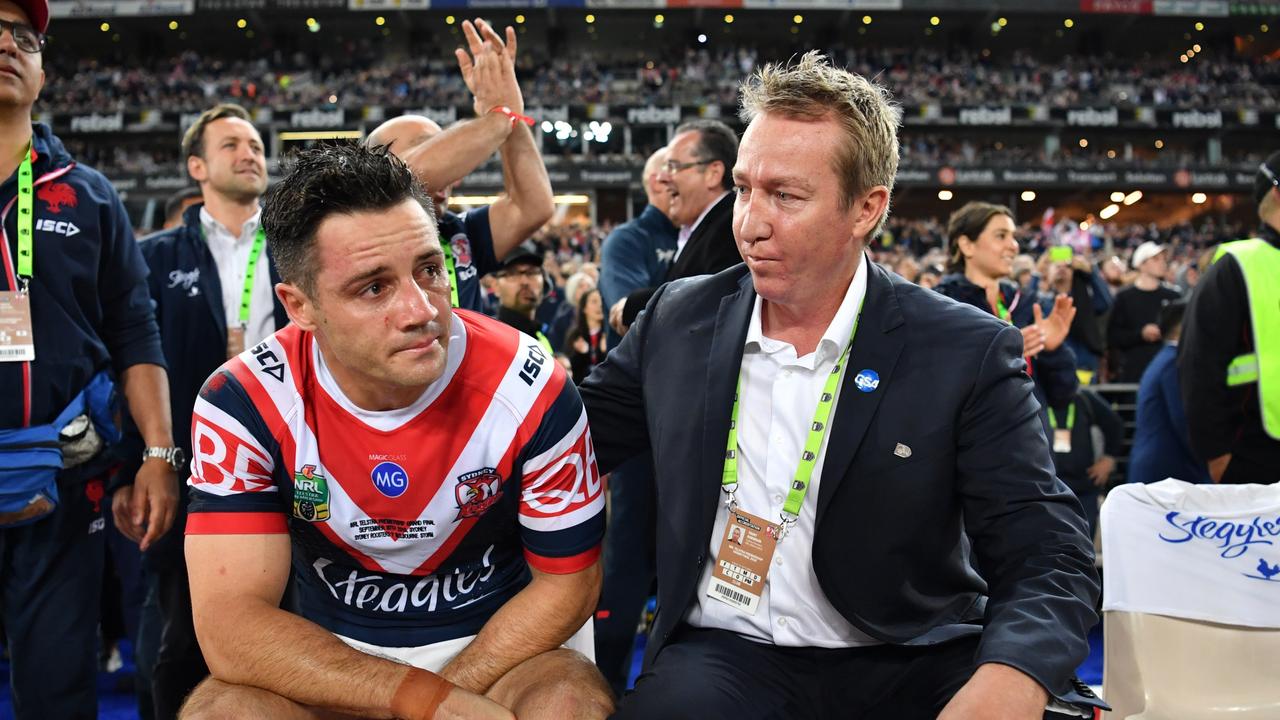 Roosters coach Trent Robinson with Cooper Cronk after 2018 NRL grand Final