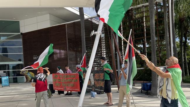 Protesters gather outside Gold Coast City Council chambers on Tuesday 28 May 24 to demand Council sever sister city ties with Netanya, Israel. Picture: Paul Weston