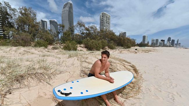 Jason Eichenberger on the planted dunes at Broadbeach. Picture: Lyndon Mechielsen