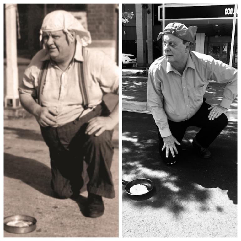 Peter Goers reproducing a photo of his Uncle Fritz frying an egg during a heatwave in 1939. Picture: Supplied 