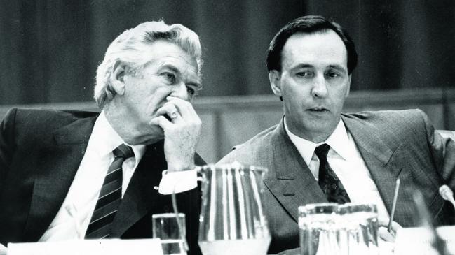 Bob Hawke and Paul Keating during a premiers conference at Parliament House in Canberra. Picture: Chris Pavlich