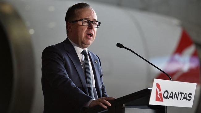 Former Qantas CEO Alan Joyce speaking before the last Qantas Boeing 747 airliner departed from Sydney airport to the US. Picture: Peter Parks/AFP