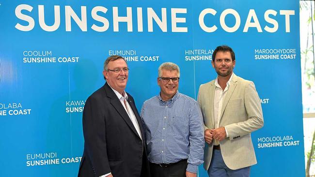 Sunshine Coast Airport, Tourism Noosa and Visit Sunshine Coast form a new partnership. David Ryan (L) from Visit Sunshine Coast, Peter Pallot from Sunshine Coast Airport and Steve McPharlin from Tourism Noosa. Picture: Warren Lynam