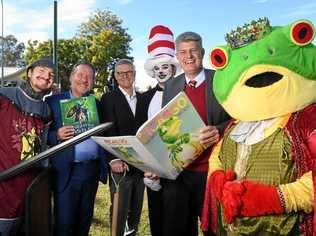 IN CHARACTER: David Smith with Jim Madden MP, Ipswich City Council CEO David Farmer, Cat in the Hat Lachlan Gill, Local Government Minister Stirling Hinchcliffe and Krystal Kathage as a frog to announce the start of construction of the Rosewood Library. Picture: Rob Williams