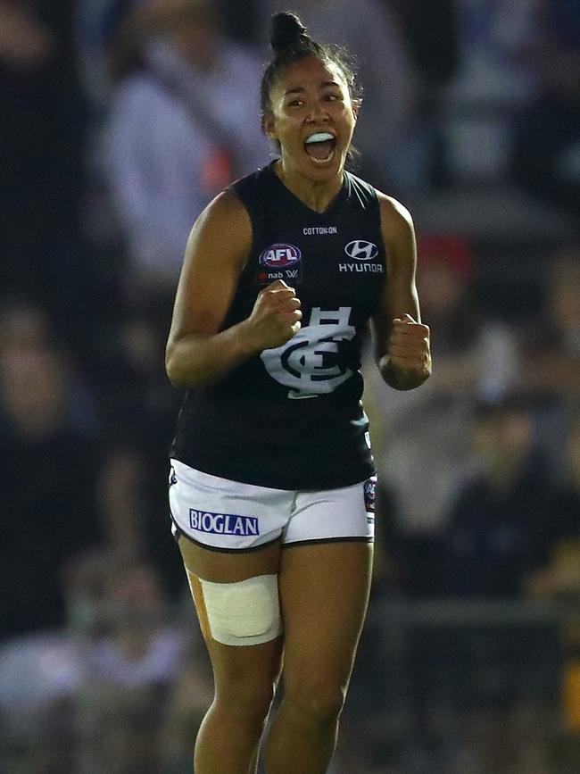 Vescio celebrates a goal during the AFLW season before it was cancelled due to the coronavirus pandemic. Picture: Getty