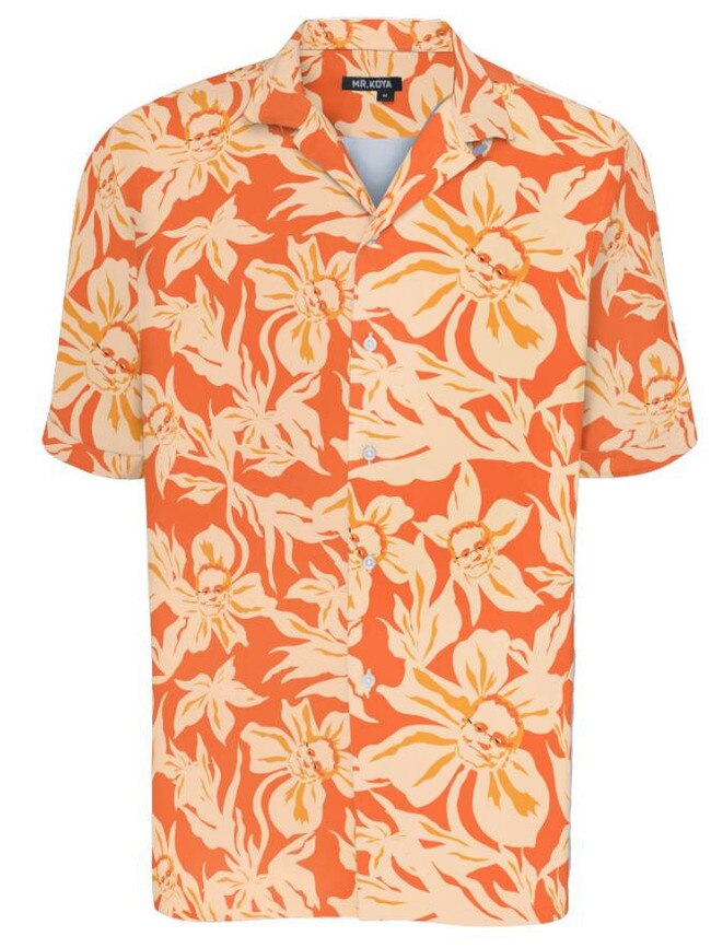 The  “Mahalo ScoMo”shirt from clothing brand Mr Koya. It's a piece of sartorial satire on Scott Morrison's rumoured holiday in Hawaii.   Supplied