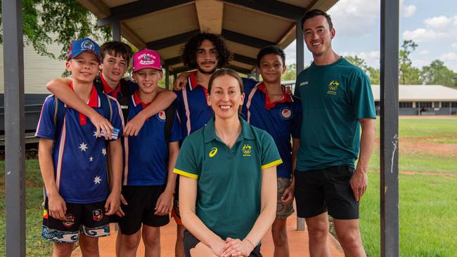 Back L-R Jack Fondacaro, Kohbi Thomas, George Dahl, Kris Mcleod, Adrian Maher, Nick Timmings and front Natalie Burton as the Olympians visit Katherine High School as part of the Olympics Unleashed program. Picture: Pema Tamang Pakhrin