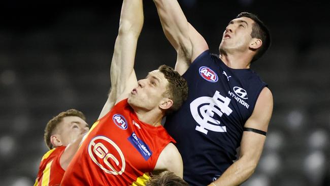 Jacob Weitering is one of the game’s best defenders, but that hasn’t translated into defensive success for the Blues. Picture: AFL Photos/Getty Images