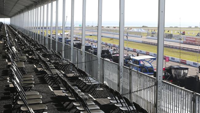 The spectator VIP area overlooking pit lane is virtually empty at the IndyCar Grand Prix of St. Petersburg. Picture: AP.