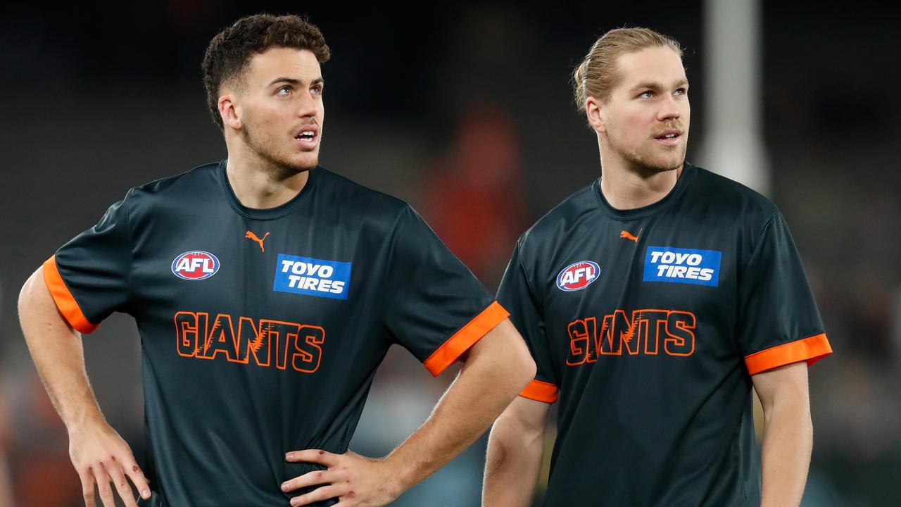 Giants Jake Riccardi (left) and Harry Himmelberg. Picture: Michael Willson/AFL Photos via Getty Images