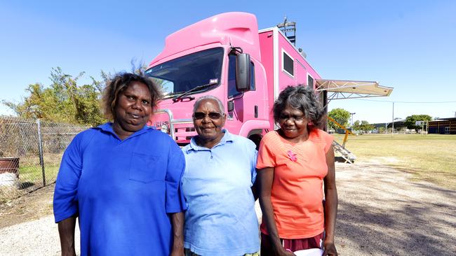 Barunga residents (L - R) Margaret Coleman, Erna Miller and Nell Brown waiting to get their mammograms done by the BreastScreenNT mobile mammogram unit ‘Millie.’ Picture: BREASTSCREENNT