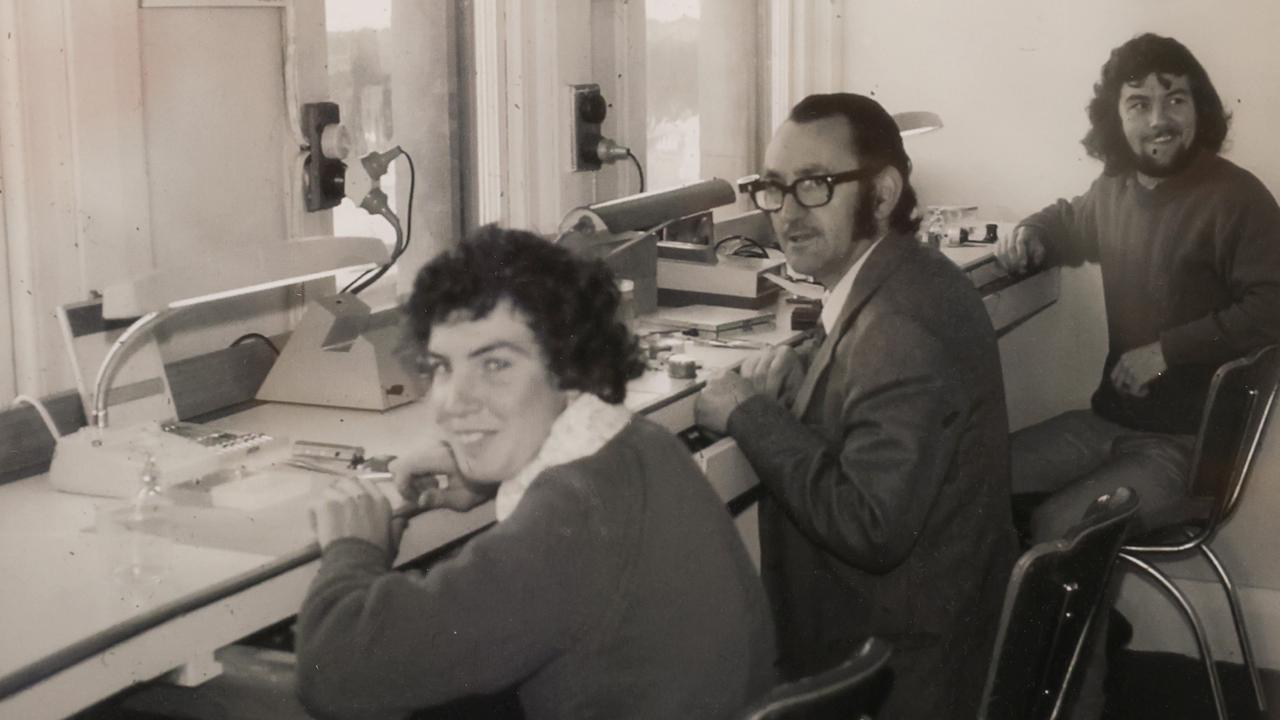 Craig at far left as an apprentice in 1974 with Henry and Robert Bertoz. Craig Gathercole is set to retire after 39 years as owner, operator and watch repairer at The Watch Repair Shop in Hobart. Picture: supplied
