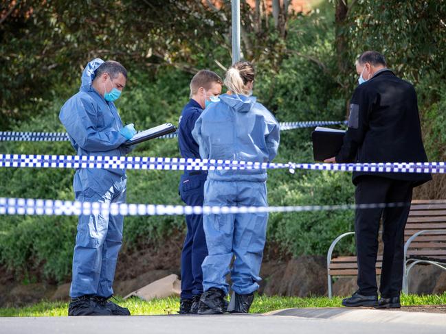 Police investigate the scene, where they found Evangelou’s phone. Picture: Mark Stewart