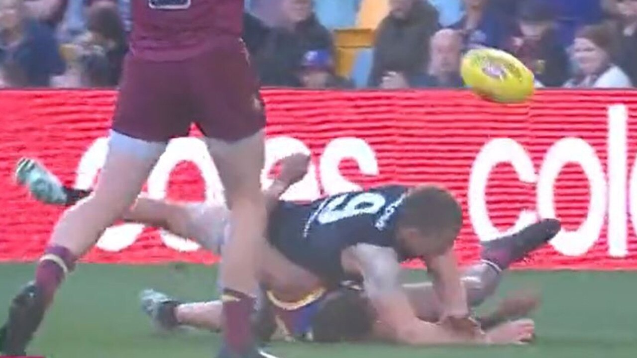 Brisbane Lions player Callum Ah Chee is crunched by Carlton’s Patrick Cripps. Picture: Channel 7