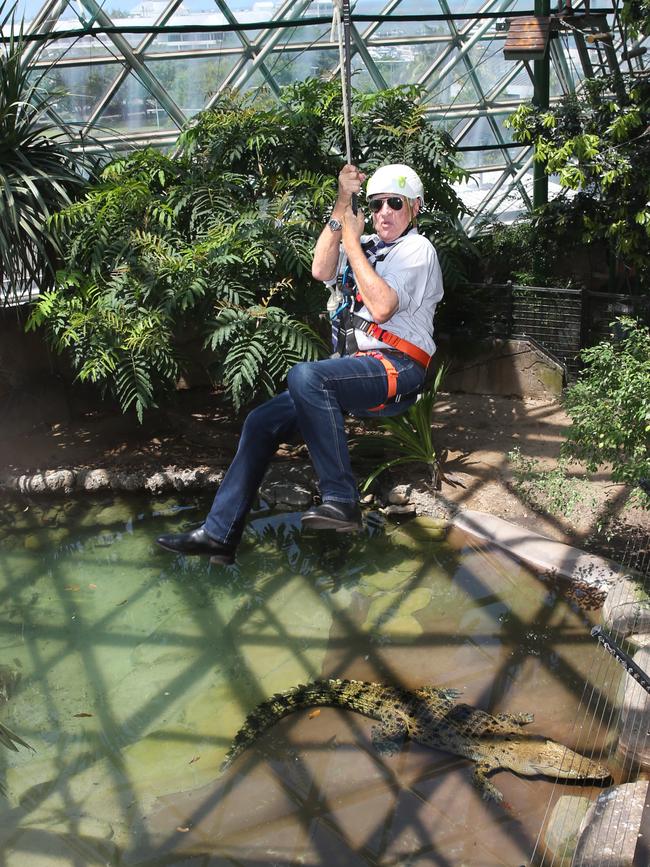 Bob Katter ziplines over Goliath at Cairns Zoom and Wildlife Dome. PICTURE: ANNA ROGERS