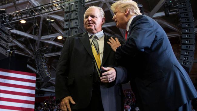 Rush Imbaugh with Donald Trump at a Make America Great Again rally in Cape Girardeau, Missouri. Picture: AFP.