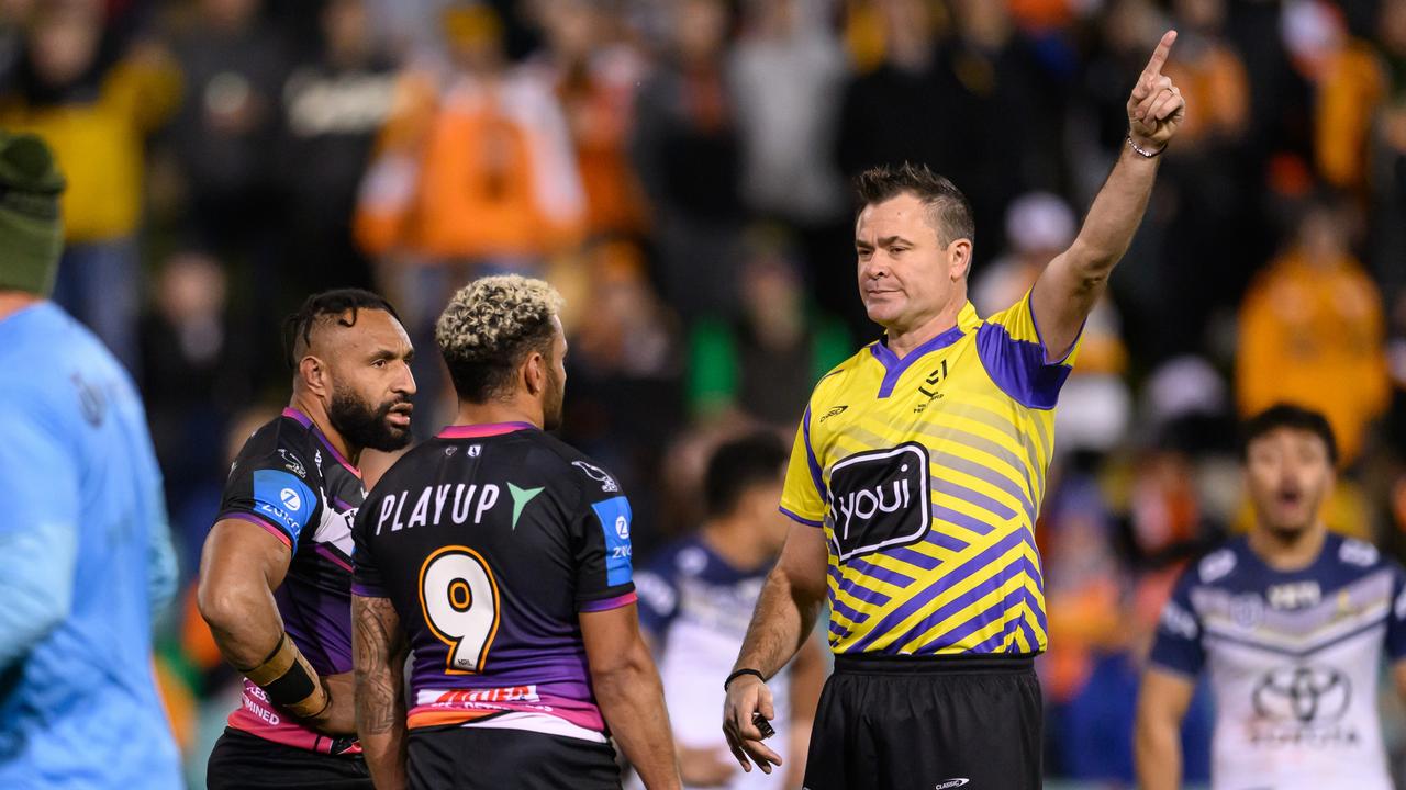 SYDNEY, AUSTRALIA - AUGUST 01: Justin Olam of the Tigers is sent off by Referee Chris Butler during the round 22 NRL match between Wests Tigers and North Queensland Cowboys at Leichhardt Oval, on August 01, 2024, in Sydney, Australia. (Photo by James Gourley/Getty Images)