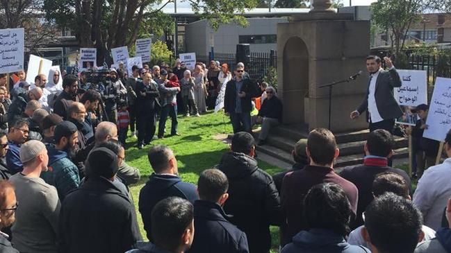 Wassim Doureihi, Hizb ut-Tahrir Australia spokesman, addresses 400 protesters in Lakemba calling for the release of Ismail Al-Wahwah, last Friday.