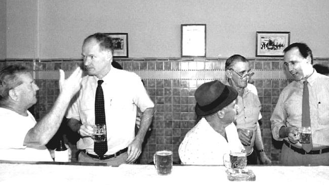 Premier Wayne Goss (second from left) visits a hotel in Charleville with prime minister Paul Keating (right) in November 1994.