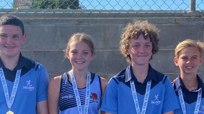 GOLD MEDAL: Northern Star Hockey Club players, Connor Makings, Hollie Matthews, James Coleman and Kalani Franklin, helped their NSW U15 Boys and Girls teams sweep all before them to win at the recent Australian Hockey Championships in Bathurst in April 2021.