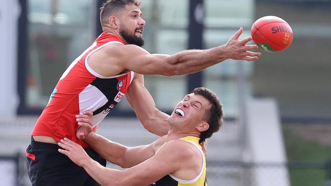 St Kilda big man Paddy Ryder jumps over teammate Rowan Marshall during ruck practice at Moorabbin. Picture: Michael Klein