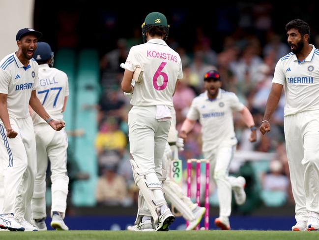 India’s players bellow at Sam Konstas after the dismissal of Usman Khawaja on the final ball of the day Picture: AFP