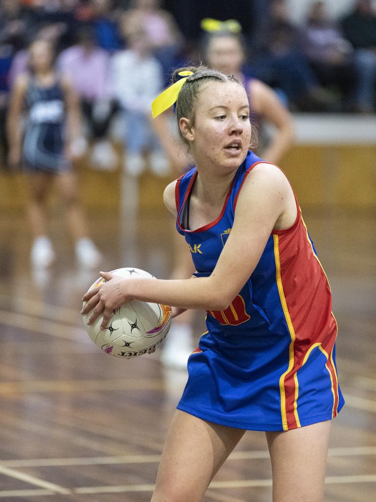 Gabrielle Drew of Downlands Junior A against St Ursula's Junior A in Merici-Chevalier Cup netball at Salo Centre, Friday, July 19, 2024. Picture: Kevin Farmer