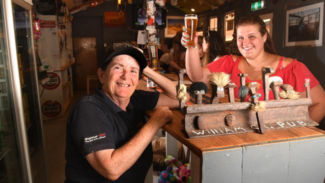 Head House Keeper Rose Broughton, 60, with tourist Lisa Brennan, 39, from Washington DC in the front bar at William Creek Hotel. Picture: Tricia Watkinson