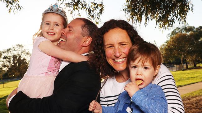 New Deputy Prime Minister Josh Frydenberg and family in a park near his Hawthorn home — wife Amie, son Blake, 20 months, and daughter Gemma. Picture: Alex Coppel