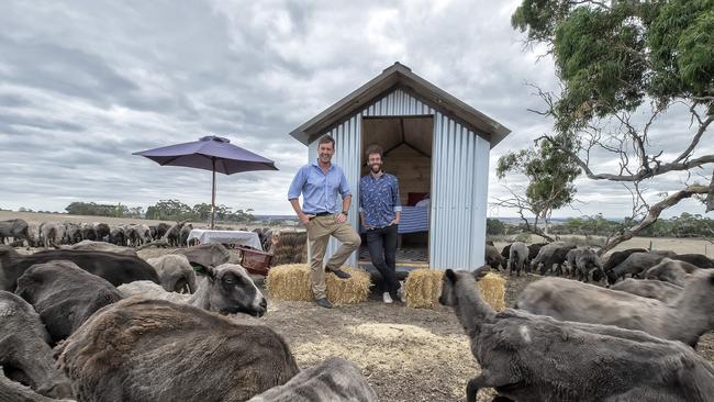 WAENCOORT,AUSTRALIA ,28 MARCH 2016: Photo of Melbourne social entrepreneur Joep Pennartz with Birregurra farmer Tom Dennis at his farm on Monday 28 March 2016. THE AUSTRALIAN/ LUIS ENRIQUE ASCUI