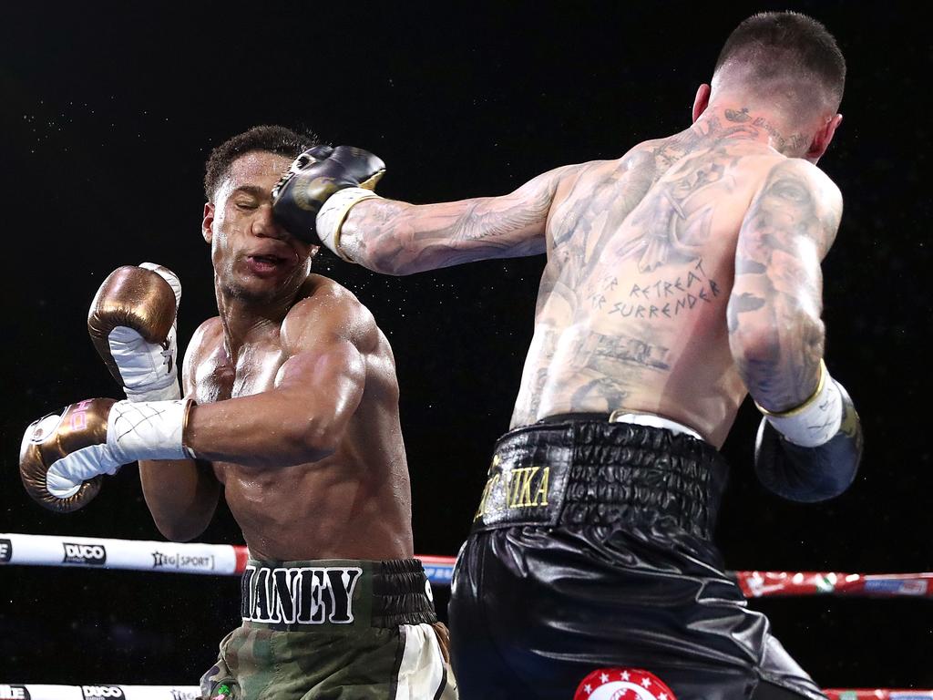 Kambosos lands a left hand on Devin Haney in their rematch in October. Picture: Kelly Defina/Getty Images