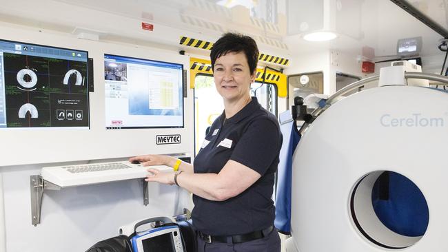 Radiographer Francesca Langenberg is part of the Mobile Stroke Unit. She is pictured inside the ambulance with the mobile CT scan. Picture: Sarah Matray