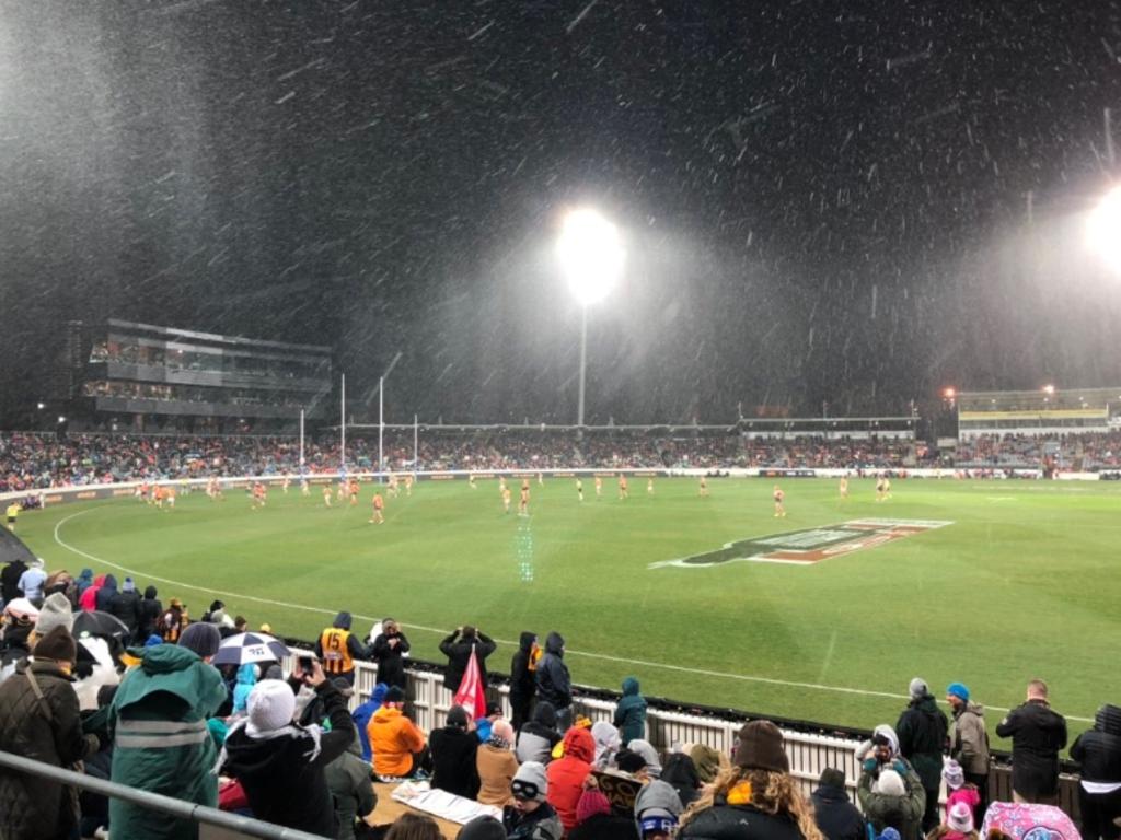 The players and crowd copped a snowy blast. Picture: SEN 1116