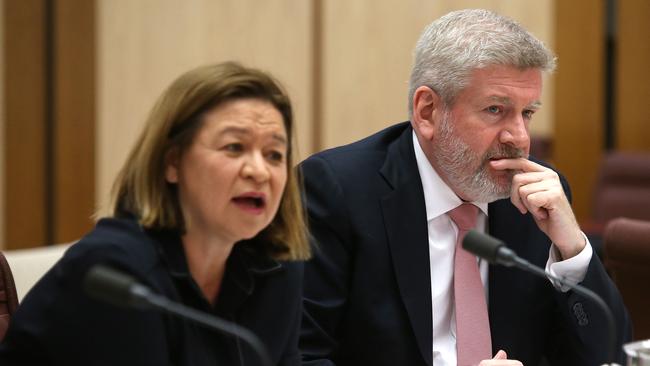 ABC boss Michelle Guthrie and Communications Minister Mitch Fifield at a Senate Environment and Communications Legislation Committee. Picture: Kym Smith