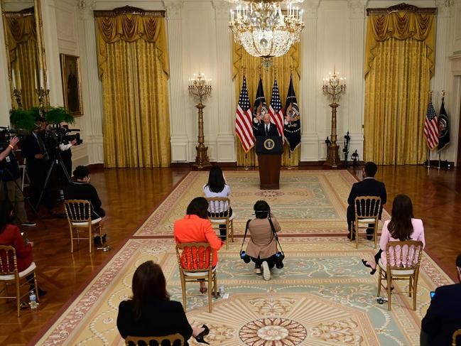 Joe Biden’s socially distanced press conference. Picture: AFP