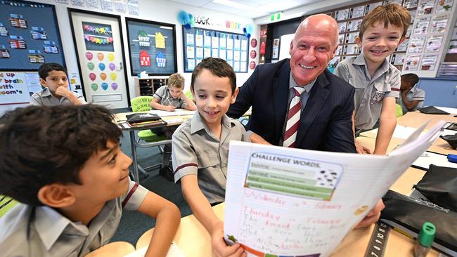 Ipswich Grammar School headmaster Richard Morrison with Year 2 students, from left, Vihaan Sirohi, Milo Townend and Harry Wolff. Picture: Lyndon Mechielsen