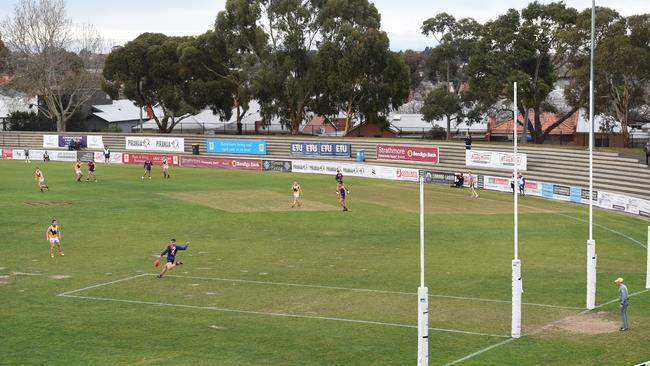 The 18m goalsquare is trailed in a VFL match. Picture: Tony Gough