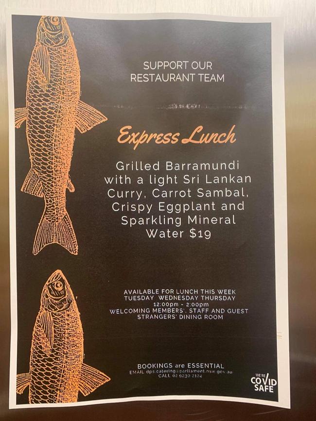 NSW Parliament's fishy menu.