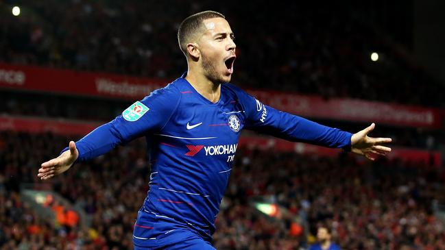 LIVERPOOL, ENGLAND - SEPTEMBER 26:  Eden Hazard of Chelsea celebrates after he scores his sides second goal during the Carabao Cup Third Round match between Liverpool and Chelsea at Anfield on September 26, 2018 in Liverpool, England.  (Photo by Jan Kruger/Getty Images)